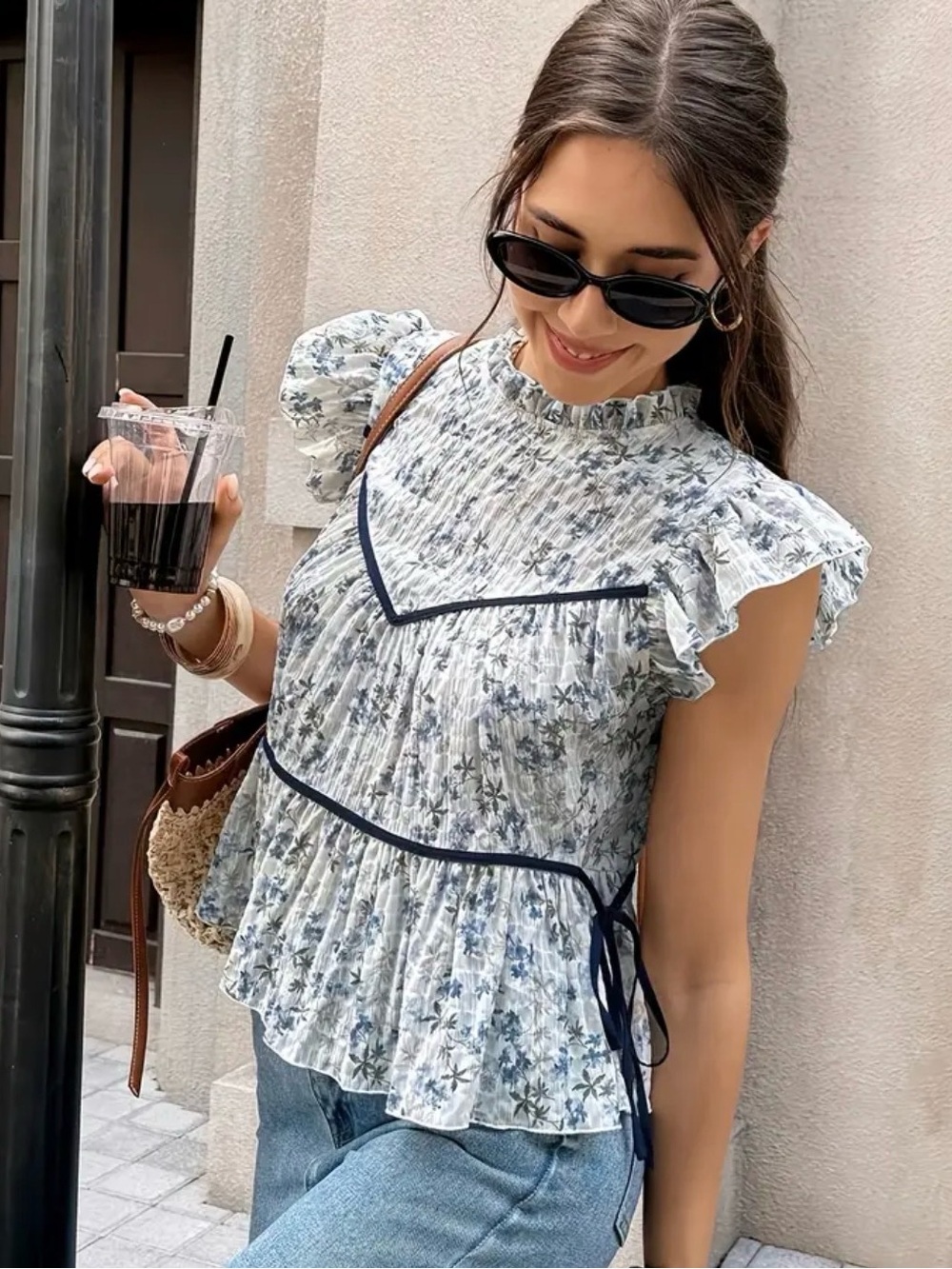 Ruffled Smocked Floral Blouse in Light Blue